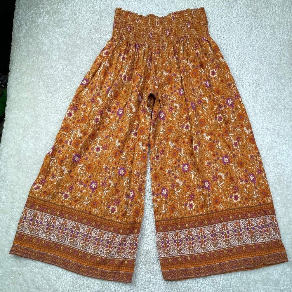 Natural Life Make A Move Palazzo Wide Leg Pants Camel Brown Purple Floral - Picture 3 of 10